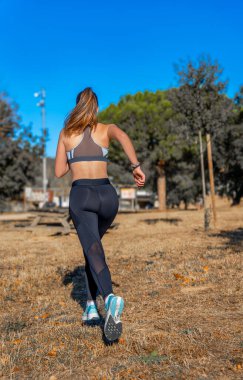 Güzel genç koşucu kız, dar spor kıyafetleri içinde, sırt üstü, rüzgarda dalgalanan at kuyruğuyla güneşli bir sabah parkında koşuyor..