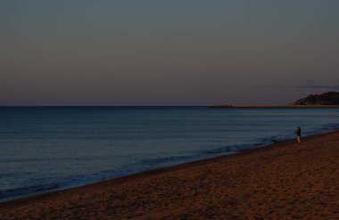 Genç gezgin kız dinlenme egzersizleri yapıyor. Güneşin soluk turuncu ışığı ve uçan bir martıyla aydınlatılmış sessiz bir plajın güzel gündoğumunu bekliyor..