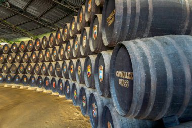 Gonzalez Byass şaraphanesinde ülke amblemleriyle dolu Sherry fıçıları..