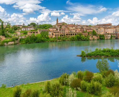 Evlerin panoramik manzarası, tarihi mimari ve Fransa 'nın Albi kilisesi, yeşil Tarn Nehri' nden genç bir çiftin nehir kenarında piknik yapmaları..