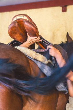 Binmeden önce kahverengi bir atı eyerleyen iki kişinin yakın çekimi..