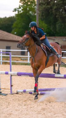Genç bir kadın binici gösteri çitlerinin üzerinden atlayıp neredeyse kum yoluna iniyordu..