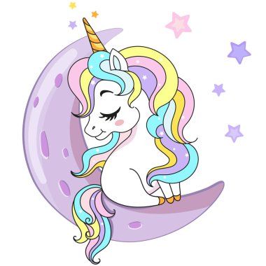 Cute magical unicorn sleeping on the Moon vector illustration