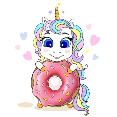 Cute magical unicorn with tasty donut vector illustration