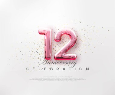 12 numaralı balonlar, parlak pembe arka planda kırmızı numaralar. Poster, bayrak ve kutlama tebrikleri için en iyi vektör.