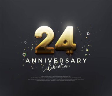 24. yıldönümü kutlaması, siyah arka planda parlak altın rakamlarla. Kutlama ve selamlama için mükemmel vektör arkaplanı.