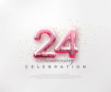 24 numaralı balonlar, parlak pembe arka planda kırmızı numaralar. Poster, bayrak ve kutlama tebrikleri için en iyi vektör.