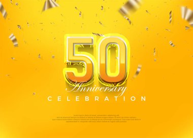 Modern sarı üç boyutlu 50. yıl dönümü kutlaması tasarımı. Kutlama ve selamlama için mükemmel vektör arkaplanı.