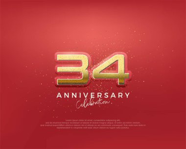 Lüks altın renginde 34. yıl dönümü. Sim vektör primi. Poster, bayrak ve kutlama tebrikleri için en iyi vektör.