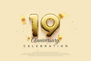 19. yıldönümü kutlaması, parlak altın balonlu tasarım. Kutlama ve selamlama için mükemmel vektör arkaplanı.