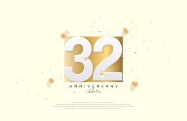32. yıldönümü kutlaması, zarif altın kağıtlar üzerinde rakamlarla. Poster, bayrak ve kutlama tebrikleri için en iyi vektör.