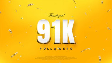 Teşekkür ederim 91 bin takipçi, parlak sarı bir arka planda.