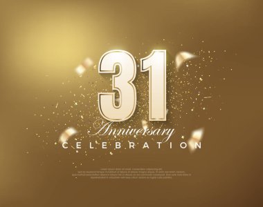 Altın zemin üzerinde beyaz numaralar olan 31. yıl dönümü kutlamaları. Poster, bayrak ve kutlama tebrikleri için en iyi vektör.