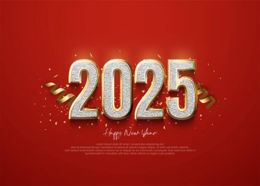 Mutlu yıllar 2025. Parlak arkaplanda süslü numara tasarımı. Yeni yıl 20225 kutlama vektörü premium tasarımı. Takvim, poster ve tebrik kartı.