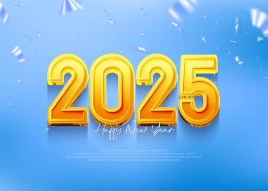 2025 yeni yıl arkaplanı, parlak mavi arka planda sarı 3D sayılar. 2025 yılbaşı takvimi, poster ve tebrik kartı tasarımı için güzel bir tasarım..