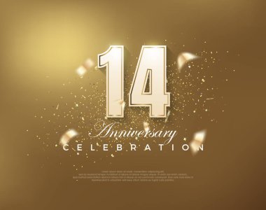 Altın arkaplanda beyaz numaralarla 14. yıl dönümü kutlamaları. Poster, bayrak ve kutlama tebrikleri için en iyi vektör.