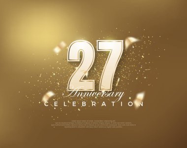 Altın arka planda beyaz numaralarla 27. yıl dönümü kutlamaları. Poster, bayrak ve kutlama tebrikleri için en iyi vektör.