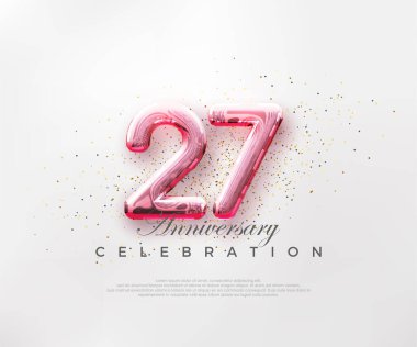 27 numaralı balonlar, parlak pembe arka planda kırmızı numaralar. Poster, bayrak ve kutlama tebrikleri için en iyi vektör.