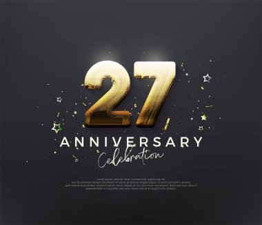 27. yıldönümü kutlaması, siyah arka planda parlak altın rakamlarla. Kutlama ve selamlama için mükemmel vektör arkaplanı.