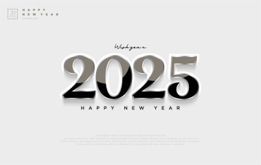 Yeni Yıl 2025 kutlamaları, biraz koyu ve modern renk kombinasyonlu parlak rakamlarla yapılıyor. Takvim, poster ve arkaplan için vektör tasarımı.