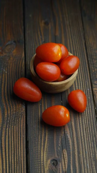Tomatoes Wooden Bowl Copy Space — Stock Photo, Image