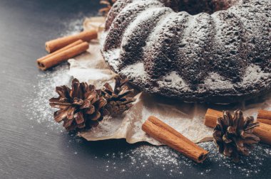 Pudra şekerli çikolatalı bisküviler. Fındıklı kek, kuru üzüm ve kuru meyve. Xmas için pişirme. Noel desenli şenlikli kek. Masada koniler ve baharatlar.