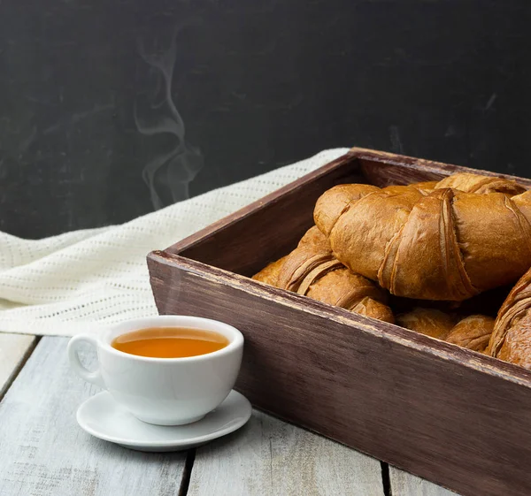 Breakfast Tea Croissants Freshly Baked Croissant Concept Production Croissants Freshly — Stock Photo, Image