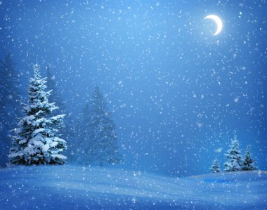 snow fall at night in a forest with snow-covered tree branches. Snowy winter forest. Christmas snow-covered trees. Deep snow. Winter blizzard. Snowdrifts. Festive banner. clipart