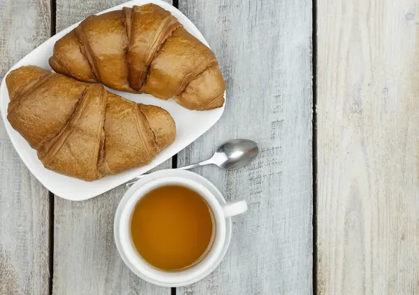 Breakfast Tea Croissants Freshly Baked Croissant Concept Production Croissants Freshly — Stock Photo, Image