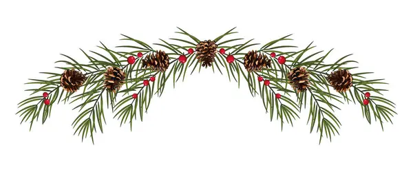 Christmas Fir Garland Border Pine Cones Berries Holiday Branch Frame — Stock Vector