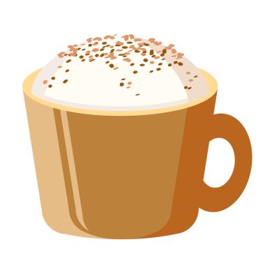 Bir fincan sıcak kahve. Kokulu latte veya espresso ile siyah kupa. Reklam posterleri ve baskılar için tasarım öğesi. Kahve ve kremayla dekore edilmiş fincana yan görünüm. Eps 10. Çizgi film, düz 