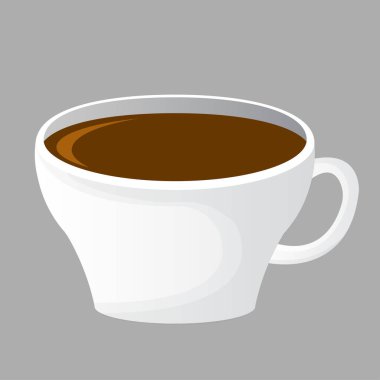 Bir fincan sıcak kahve. Kokulu latte veya espresso ile siyah kupa. Reklam posterleri ve baskılar için tasarım öğesi. Kahve ve kremayla dekore edilmiş fincana yan görünüm. Eps 10. Çizgi film, düz 