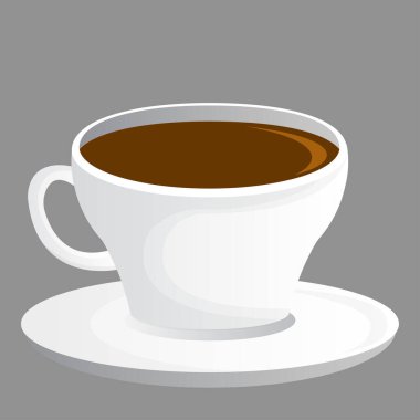 Bir fincan sıcak kahve. Kokulu latte veya espresso ile siyah kupa. Reklam posterleri ve baskılar için tasarım öğesi. Kahve ve kremayla dekore edilmiş fincana yan görünüm. Eps 10. Çizgi film, düz 