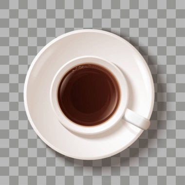 Baharatlı Aromatik kahve. Anason, tarçın çubukları ve kahve çekirdekleri. Üst Manzara. Kaşık ve çay tabağı manzaralı bir fincan sade kahve. Gerçekçi vektör çizimi. Beyaz kapta Americano. Eps 10.