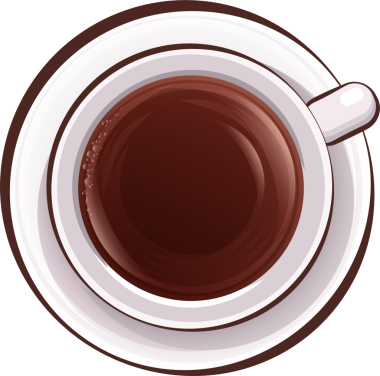 Kahve fincanı ve çay tabağı. Üst Manzara. Sıcak kahve bardağı - espresso, americano. Köpüklü kahve. Kahvaltı konsepti. Restoran ya da kafe için içecek menüsü. Şeffaf, png.cartoon, düz