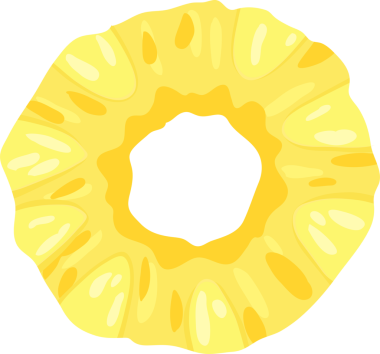 Ananas dilimli yuvarlak el çizimi. meyve yaprağı, taze olgun, muz yiyeceği, tatlı vektör, parça ananas dilimi. Şeffaf, png.com tarzı, düz