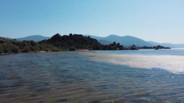 Yosunlu göl kıyısında su sinekleri yakınında hareket eden kamera. Dağ sıraları ve uçurumlar uzaklardan görülebilir..