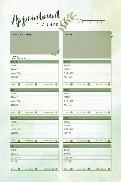 Plantilla Blanco Imprimible Digital Del Planificador Citas —  Fotos de Stock