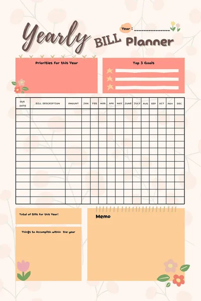 Yearly Bill Planner Digital Printable Blank Template Insert — 스톡 사진