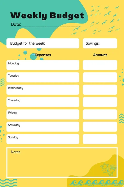 每周预算规划者数字规划插入可打印页模板 — 图库照片