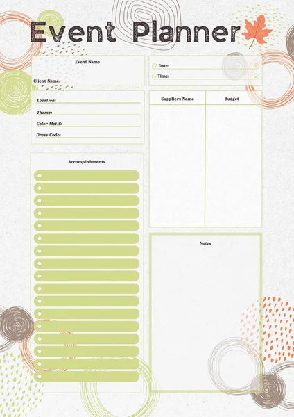 事件策划者数字计划插入可打印页模板 — 图库照片