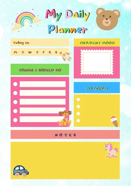 儿童规划者数字计划插入可打印页模板 — 图库照片