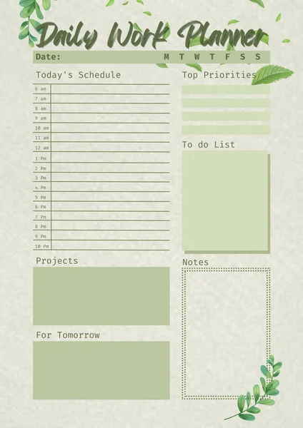 Daily Work Planner Digital Planning Insert Sheet Printable Page Template — Stock Photo, Image