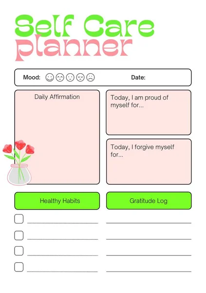 Self Care Planner Digital Planning Insert Sheet Printable Page Template — 스톡 사진