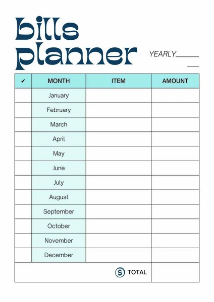 Bills Annual Planner Digital Planning Insert Sheet Printable Page Template — 스톡 사진