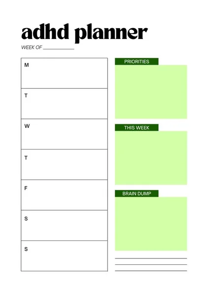 Adhd Planner Digital Planning Insert Sheet Printable Page Template — 스톡 사진