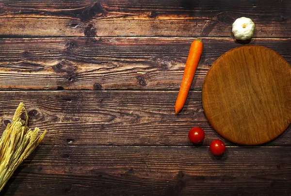 Restaurant wallpaper wood board carrot tomatoes egg corn on a table background