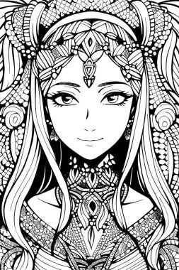 A beautiful girl, featuring decorations and costumes, doodle, coloring book. Vector illustrator
