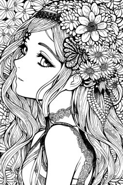 A beautiful girl, featuring decorations and costumes, doodle, coloring book. Vector illustration