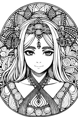 A beautiful girl, featuring decorations and costumes, doodle, coloring book. Vector illustration
